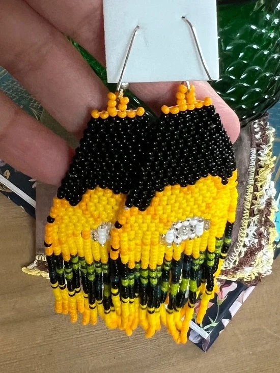 Handmade Beaded Sunflower Fringe Earrings - Yellow & Black - Picture 10 of 13